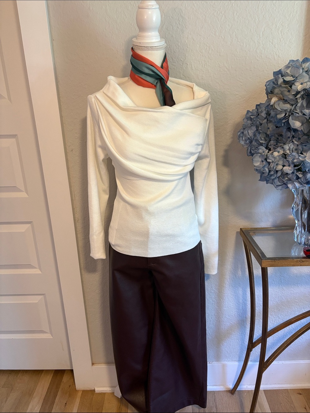 Commense Off-the-Shoulder White Draped Knit Sweater